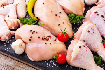 Assortment of raw meat chicken