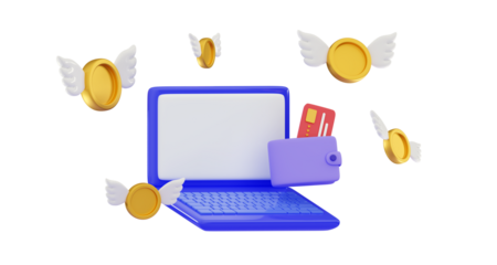 3D Exclusive benefits Online shopping Рayment and delivery concept Wallet with credit card and flying coins with wings Retail store on e-commerce Minimal three-dimensional 3D render illustration