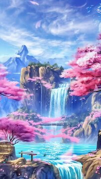 Beautiful waterfall spring background with sakura. Potrait angle. Cherry blossoms tree with butterflies. Cherry blossoms rain. 4k infinite loop animation footage. Japanese anime painting style	