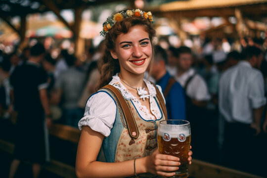 Waitress in traditional Dirndl dress with beer mugs at German Oktoberfest celebration