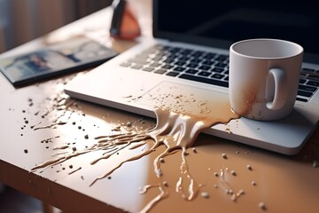 Coffee cup spilled on laptop keyboard on desk computer accident repair concept, ai generated