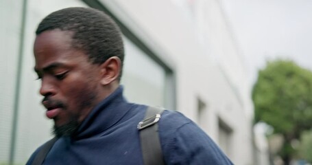 Running late, business man and work commute with rush for city meeting, schedule and interview. African male person, jog and checking time with clock and watch monitor in the morning with stress