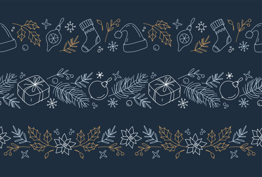 Christmas decorative border set. Seamless pattern with cute doodle style design elements. Winter vector horizontal background. New Year and Christmas icons in line style