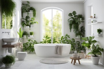 Fototapeta na wymiar Luminous and Airy Bathroom A Plethora of Green Tones. Generative A