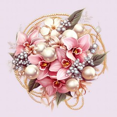 Awesome Floral Diamond Pink Pearl Wedding Ring Illustration Clipart
