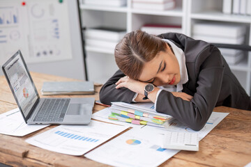 Bored at office work funny sleepy woman worker resting on hand sleeping at workplace, unmotivated lazy woman feeling drowsy falling asleep near laptop, boring job and lack of sleep concept
