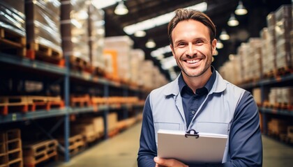 Fototapeta premium Manager of logistics making list of goods. Generative AI.