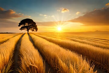 row of wheat field at sunset