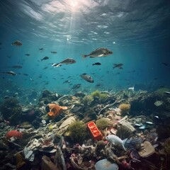 Fototapeta na wymiar Fish in garbage in the ocean