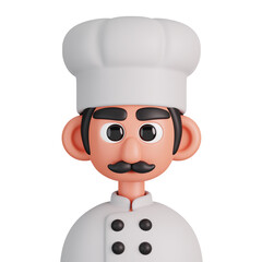 Portrait of a male chef in white uniform isolated. Essential workers avatar icons. Characters for social media, user profile, website and app. 3d Render illustration