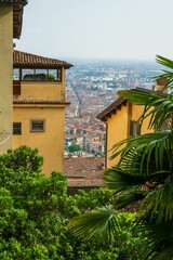 Vertical view from San Vigilio Castle looking down on the city of lower Bergamo, Italy.