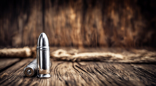 immagine primo piano di pallottola in argento lucente su superficie in vecchio legno rustico