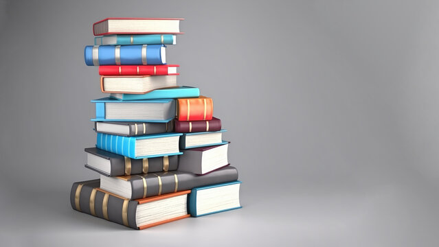 A lot of books with bright covers in piles isolated on a pastel background
