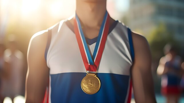 A boy wearing the gold medal on neck. Close up of a gold medal around a boy neck.