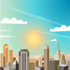 Vector illustration of a vibrant, cartoon cityscape with bright and cheerful colors