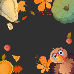 Vector illustration of an autumn scene with maple and oak leaves, pumpkins, and copy space