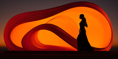 Silhouette of a woman against an abstract background in warm orange colors with soft organic shapes