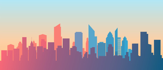 Fototapeta premium Cityscape of buildings silhouettes. Silhouette of a colorful metropolis. Business district of the city. Vector illustration.