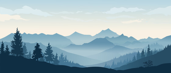 Mountain landscape. Beautiful landscape with silhouettes of mountains, hills, forests in the fog and clouds in the sky. Vector illustration.