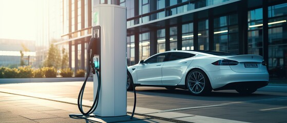 Modern fast electric vehicle chargers for charging car in park,  Generative AI