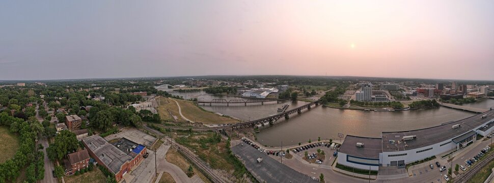 Panoramic shot of Rockford during the sunset in Illinois, the US