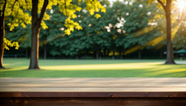 Wooden table top on blur background of green garden park with bokeh sunlight, generative AI