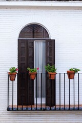 Balcony with decorative planters hanging from a railing, overlooking an urban cityscape