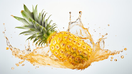 Fresh juicy pineapple fruit with water splash isolated on background, healthy tropical fruit