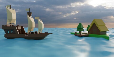 Naklejka premium 3D digital render in low poly style of pirate ship with sunny island