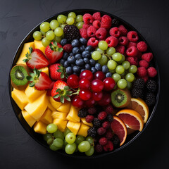 bowl of healthy fresh fruit salad, close up of a colorful Mixed tropical fruit, Copy space