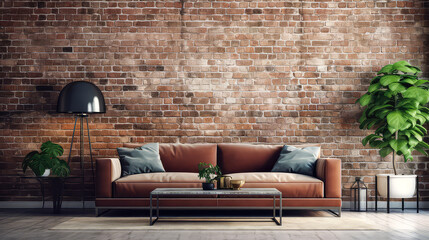3D render Artistic Interiors- Enhancing Spaces with Mock-Up Posters, Brick Textures, and Relaxation with Sofa Designs