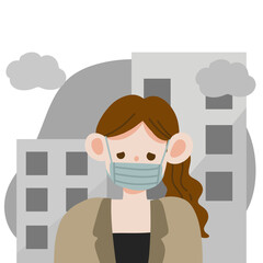 People wearing face masks tor protect smoke, pm 2.5, dust and air pollution in city, factory pipes and industrial smog 