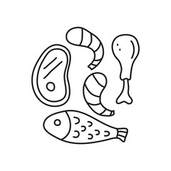 Group of meat steak, fish, shrimps, chicken leg.