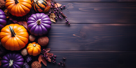 Obraz na płótnie Canvas Fall pumpkins gourds on wood planks flat lay, orange and purple, banner, background, copyspace, top down view, seasonal decor