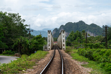 The narrow railway bridge at Nasarn village, Surat Thani, Thailand
