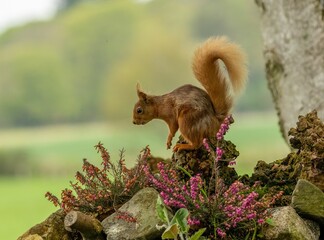 Red squirrel sits atop the trunk of a tall deciduous tree, holding a cluster of nuts in its hands © Sarahlou Photography/Wirestock Creators