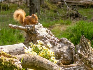 Red squirrel sits atop the trunk of a tall deciduous tree, holding a cluster of nuts in its hands
