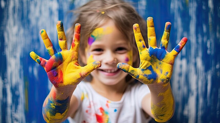 An adorable little girl grinning widely, her hands covered in bright, multicolored paint, symbolizing childhood creativity.