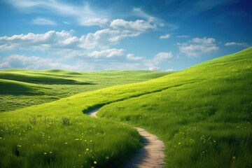 Beautiful spring landscape with green meadow and winding path.