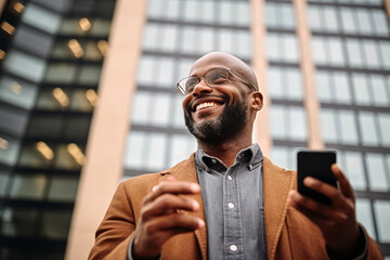 Low-angle view of a successful, confident African American man standing optimistically in front of a corporate building, embodying business acumen - obrazy, fototapety, plakaty