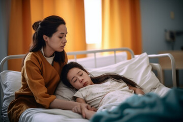 Obraz na płótnie Canvas An Asian mother consoles her sick daughter in a hospital, a poignant scene showcasing love's resilience in the face of a heartbreaking cancer battle