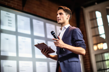 A young man confidently delivers an engaging corporate presentation in a boardroom, captivating the attention of his business audience