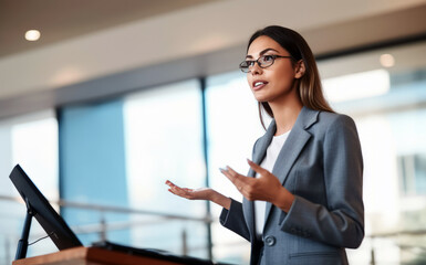 A confident female executive masterfully delivers a business presentation in a boardroom, engaging her audience during an informative workshop