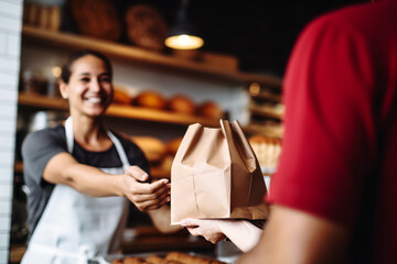 A candid shot of a smiling female baker, who's also the shop owner, offering exemplary customer service as she hands a customer their order in her retail store