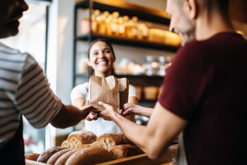 A candid shot of a smiling female baker, who's also the shop owner, offering exemplary customer service as she hands a customer their order in her retail store - obrazy, fototapety, plakaty