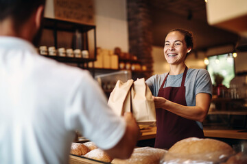 A candid shot of a smiling female baker, who's also the shop owner, offering exemplary customer service as she hands a customer their order in her retail store - Powered by Adobe