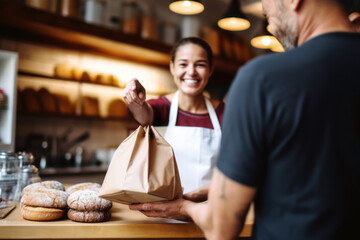 A candid shot of a smiling female baker, who's also the shop owner, offering exemplary customer service as she hands a customer their order in her retail store