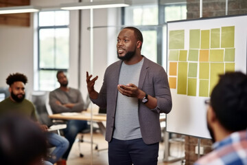 An engaging African American man delivers a dynamic corporate presentation. Captivating his audience, he shares insights within a professional boardroom setting
