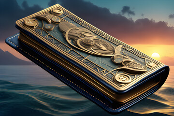 Obraz premium A wallet floating on the sea, with a lot of money in it.