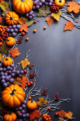 Naklejka na ściany i meble Fall pumpkins grapes leaves floral flat lay, vertical, background, copyspace, top down view, seasonal decor